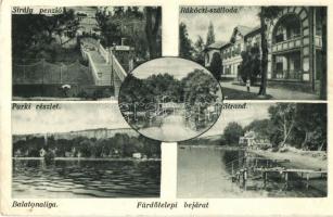 Balatonaliga (Balatonvilágos), Sirály penzió, Rákóczi szálloda, Strand, Fürdőtelepi bejárat, park (EK)