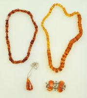 Borostyán színű bizsuk ( 4db), nyaklánc (h:60 és 76 cm), karkötő üveggel, ezüst (Ag) nyakláncos medál