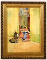 Gimes jelzéssel: Vasárnap mezőkövesdi népviseletben. Akvarell-ceruza, papír, üvegezett keretben, 48×...