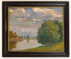 Olvashatatlan jelzéssel: Folyópart. Olaj, falemez, keretben, 40×51 cm