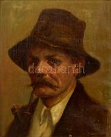 Dunai jelzéssel: Kalapos pipázó férfi portré. Olaj, vászon, keretben, 50×40 cm
