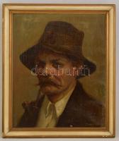 Dunai jelzéssel: Kalapos pipázó férfi portré. Olaj, vászon, keretben, 50×40 cm