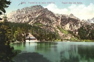 Tátra, Tatry; Poprádi tó és csúcs. Cattarino S. utóda Földes Samu kiadása / Popper See und Spitze / Popradske pleso and stít