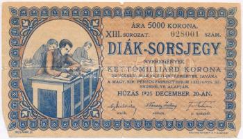 Budapest 1925. Diák-Sorsjegy 5000K értékben, XIII. sorozat T:III-,IV