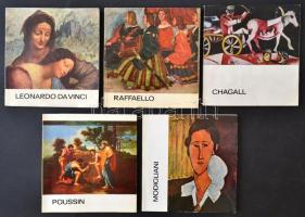 A művészet kiskönyvtára sorozat 5 kötete:  Leonardo da Vinci, Raffaello, Poussin, Modiglani, Chagall. Bp.,1967-1979, Corvina. Kiadói papírkötés.