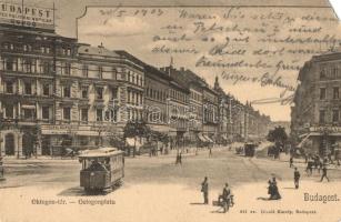 1903 Budapest VI. Oktogon, villamos, Prindl Nándor üzlete, Café Abbazia kávéház (EM)