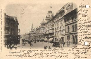 1899 Budapest VIII. Nagykörút, Hotel Rémi szálloda, villamos, M. kir. Technológiai Iparmúzeum. Erdélyi cs. és kir. udvari fényképész felvétele után (lyukasztott / punched holes)