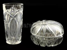 Ólomkristály váza és bonbonier, apró hibákkal, m: 14,5 cm, d: 12 cm