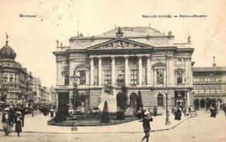 Budapest VIII. Népszínház (ideiglenes Nemzeti Színház), villamos, Tinódi Lantos Sebestyén szobor - képeslapfüzetből (EK)