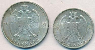 Jugoszlávia 1938. 20D Ag + 50D Ag "II. Péter" T:2 patina
Yugoslavia 1938. 20 Dinara Ag + ...