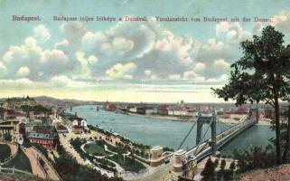Budapest I. Látkép a Gellérthegyről, Szent Gellért szobor, Erzsébet híd, Lánchíd, Döbrentei tér, Királyi vár