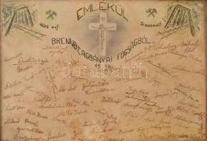 1946 Emlék a brennbergbányai (Sopron) fogságból, a bányaszerencsétlenség átélői által aláírt, kézzel rajzolt bányászemlék, eredeti keretében, 20×28 cm