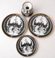 Hollóházi Jurcsák László által tervezett porcelán váza, tányérak (3 db) matricás, enyhe kopással, jelzett, m: 10,5 cm, d:15,5 és 20 cm