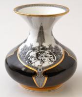 Hollóházi Jurcsák László által tervezett porcelán váza, tányérak (3 db) matricás, enyhe kopással, je...