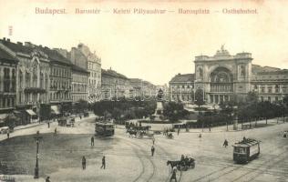 1908 Budapest VII. Baross tér, villamosok, Keleti pályaudvar. Taussig A. (EK)