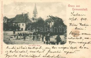 1900 Nagyszeben, Hermannstadt, Sibiu; Kis tér, piaci árusok / Der kleine Ring / square, market vendors