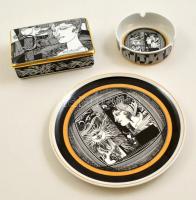 Hollóházi Szász Endre által tervezett hamutartó, doboz, tányér, matricás, jelzett, aranyozás kissé kopott, d:20 cm, d:10 cm, 13,5×9 cm