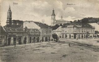 Zilah, Zalau; Kossuth tér, templomok, Dohány nagyáruda, fodrász, könyvnyomda, Seres Lajos és Seres Soma üzlete, Pereg I., Éder M. és fia, Nagy Árpád üzlete, Enyveshát. Seres Samu kiadása / square, shops, hairdresser