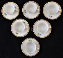 Hollóházi porcelán virágmintás mokkás csészék és aljak (6db), matricás, kopott festés, jelzett