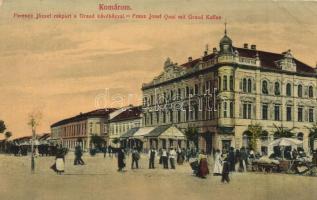 Komárom, Komárnó; Ferenc József rakpart, Grand Kávéház, piac / quay, cafe, market (EK)