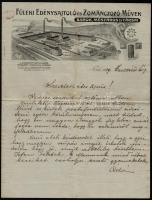 1909 Fülek (Felvidék), A Füleki Edénysajtoló és Zománcozó Művek dekoratív fejléces levélpapírja, rajta a gyár fametszetes látképével, a gyár egyik tulajdonosának kézírásos soraival
