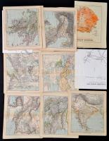 Vegyes térkép tétel, Atlas Antiquus (Gotha, Justhus Perthes) 11 térkép táblája (1-4,8-13), német nyelvű Budapest térkép, Magyarország mezőgazdasága 1938-1939, 2 db Kiskunsági Nemzeti Parkos térkép, összesen 15 db, 17x19 cm és 26x38 cm közötti méretben.