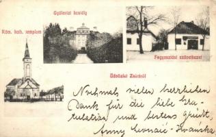 1910 Zsira, Gyülevizy-Pejacsevich (Rimanóczy) kastély, Fogyasztási szövetkezet üzlete, Római katolikus templom. Kiadja Kummert L. utóda 559. sz. (EK)