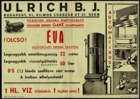cca 1925 Bp. VI., Ulrich B. J. házvízellátó turbina szivattyú rajzos dekoratív reklámplakátja, középen hajtva, egyébként jó állapotban, 25×35 cm