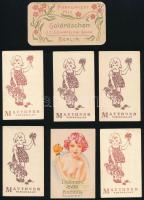 cca 1920-1940 7 db illat kártya, közte: Mauthner virágillat (5 db), Bp., Baeder Parfum Reverie, Berlin, J. F. Scharzlose Goldröschen, 5x9 cm és 8x4 cm közötti méretben