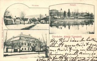 1902 Torna, Abaúj-Torna, Turnau, Turna nad Bodvou; Fő utca, Halastó, Megyeház télen. Kiadja Steinberger Ignác / main street, fishpond, lake, county hall in winter (EK)