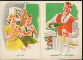cca 1938 "Gázhűtőszekrény" - dekoratív, rajzos reklámkiadvány, jó állapotban, 4p