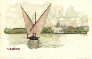 Geneva, Geneve; lake, boat, E. Nister litho s: F. Voellmy