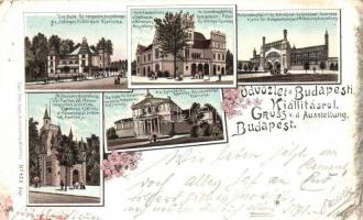 1896 (Vorläufer!!) Budapest XIV. Városliget, üdvözlet a Budapesti Kiállításról: az időleges kiállítások csarnoka, az Ezredéves Kiállítás kereskedelem, pénz és hitelügyi csarnoka, bányászati és kohászati csarnoka, Meteorológiai intézetek pavilonja, közoktatásügyi csarnok. Carl Otto Hayd No. 425. Art Nouveau, floral, litho (Rb)