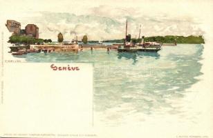 Geneva, Geneve; lake, port, steamships, E. Nister litho, s: F: Voellmy