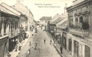 1910 Ungvár, Uzshorod, Uzhorod; Nagy híd utca, Kazinczy utca, Güntzler Henrik, Schwartz Dávid, Krausz üzlete, drogéria (gyógyszertár) / street view, shops, pharmacy