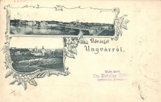 1898 Ungvár, Uzshorod, Uzhorod; látkép, híd, templomok . Divald fénynyomat / general view, bridge, churches. Art Nouveau, floral