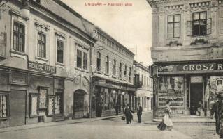 Ungvár, Uzshorod, Uzhorod; Kazinczy utca, Révész Árpád, Grosz, Balázs üzlete. Kiadja Földesi Gyula / street view, shops (Rb)