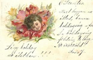 1899Ladys head in poppy flowers, bizarre, Kunstanstalt H. A. J. Schultz litho (kopott sarkak / worn corners)