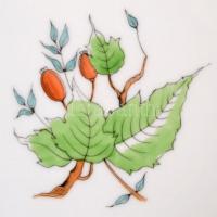 Herendi csipkebogyó mintás füles tányér, kézzel festett, jelzett (tanuló), apró kopásokkal, 29×24,5 ...