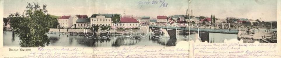 1906 Ungvár, Uzshorod, Uzhorod; 3-részes kihajtható panorámalap; híd, templomok. Kiadja Mandula Ignác / 3-tiled foldable panoramacard; bridge, churches (hajtásnál szakadt / bent till broken)
