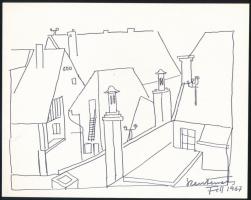 Fett Jolán (1927-2009): Szentendrei háztetők. Filc, papír, jelzett, 14,5×18,5 cm