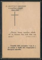 1974 Raffay Sándor (1866-1947) evangélikus püspök, író, költő, műfordító, teológus, akadémiai tanár, evangélikus teológiai akadémiai tanár, felsőházi tag temetési meghívója