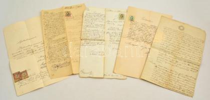 1870-1901 Régi okmánybélyeges papírok, 3 db 15 kr okmánybélyeges irat, 1 db 6 kr. szignettás irat, valamint egy irat 2 db osztrák okmánybélyeggel (1 k.,50 h.) Változó állapotban.