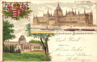 1898 Budapest, Új országház, Margitszigeti fürdőház. Magyar címeres litho / Hungarian coat of arms litho