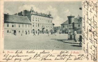 1901 Budapest III. Óbuda, Fő tér, hirdetőoszlop Dreyfus reklámmal, Gebhard József és Róth Mihály üzlete. Divald Károly 290.