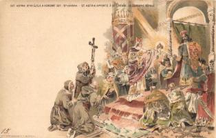 1896 Szent Asztrik átnyújtja a koronát Szent Istvánnak; Ezredéves Országos Kiállítás, piros 5 Kr Ga. litho s: Kimnach