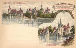 1896 Budapest XIV. Városliget, az ezredéves orsz. kiállítás történelmi főcsoportjának épületei, déli és nyugati oldal, Vajdahunyad vára; Ezredéves Országos Kiállítás, piros 5 Kr Ga. s: Morelli, Dörre T. (kopott sarok / worn corner)