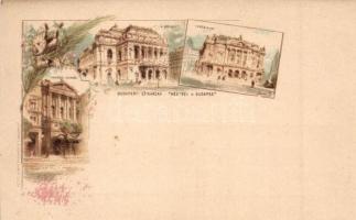 1896 Budapest, budapesti színházak: Operaház, Nemzeti Színház, Népszínház; Ezredéves Országos Kiállítás, piros 5 Kr Ga. litho s: Cserna