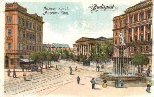 Budapest VIII. Múzeum körút, Nemzeti múzeum, szökőkút, villamos. litho (kis szakadás / small tear)