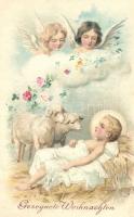 Gesegnete Weihnachten / Christmas greeting postcard, angels, litho